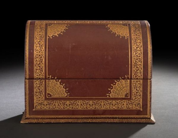 A. Antinor, Rome, Gilt-Tooled Leather Letter File: Attractive A. Antinor, Rome, Gilt-Tooled Russet Leather Letter File, in the First Empire style, the interior lid lined in vieux rose moire, the letter dividers gilt tooled at the edges, stamped on the