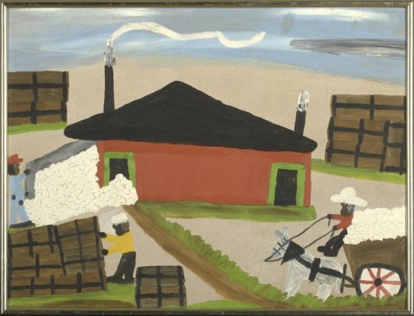 Clementine Hunter (American/Louisiana, 1886-1988): Clementine Hunter (American/Louisiana, 1886-1988) "Working at the Cotton Gin", oil on board, unsigned, retains gallery label en verso "Circle Gallery, New Orleans, Louisiana", 18-1/2" x 25-1/2". Frame