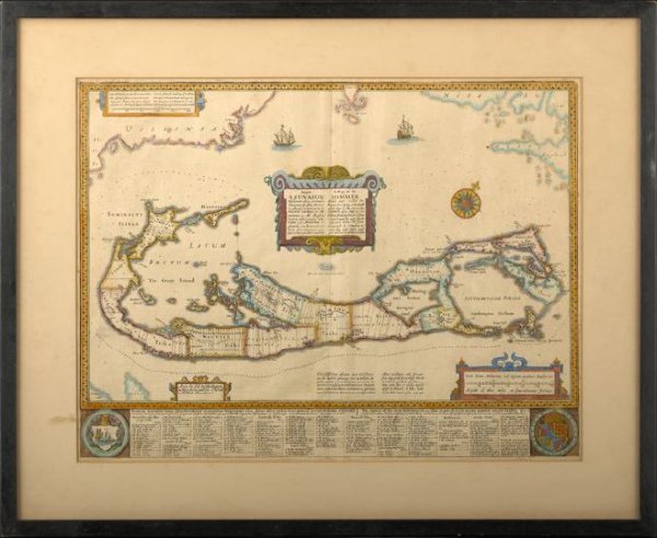 Abraham Goos (Dutch, fl. 1614-1643): Abraham Goos (Dutch, fl. 1614-1643) "A Map of the Summer Lands Once Called the Bermudas Lying at the Mouth of the Bay of Mexico in the Latitude of 32 Degrees", hand-colored engraving, published 1622, 
