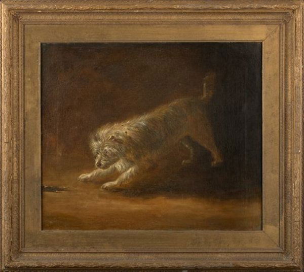 Cir. of Henry Bernard Chalon (British, 1770-1849): Circle of Henry Bernard Chalon (British, 1770-1849) "Interior Scene with a Fox Terrier at Play", oil on canvas, unsigned, 19-3/4" x 24". Presented in a late 19th-century carved giltwood frame.