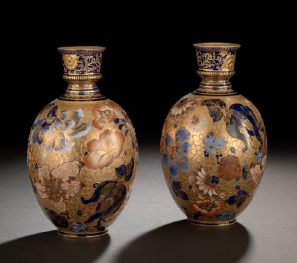 Pair of Crown Derby Pyriform Garniture Vases: Fine Pair of Crown Derby Porcelain Pyriform Garniture Vases, 1889, sumptuously gilded and polychromed in "Oriental Flowers" decor, each with a ringed neck, the bases fully marked with the Derby iron-r