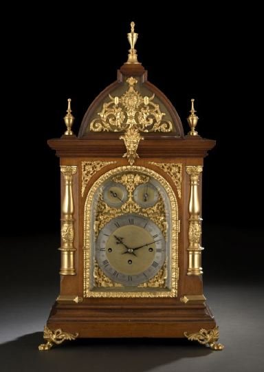 Edwardian Brass-Mounted Mahogany Mantel Clock: Fine Edwardian Gilt-Brass-Mounted Mahogany Mantel Clock, first quarter 20th century, in the Baroque style, the brass, gilded brass and steel dial marked "Sam. Lyon, Jr. 57 Church Street Blackpool", th