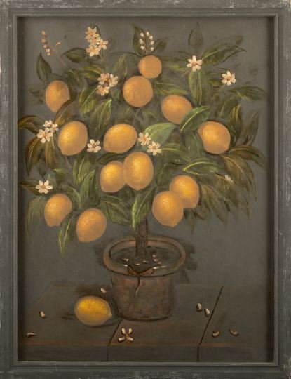 Continental School (Early 20th Century): Continental School (Early 20th Century), pair of oils on panel depicting potted lemon trees on stone ledges, unsigned, overall h. 26", w. 19-3/4". Framed en suite.
