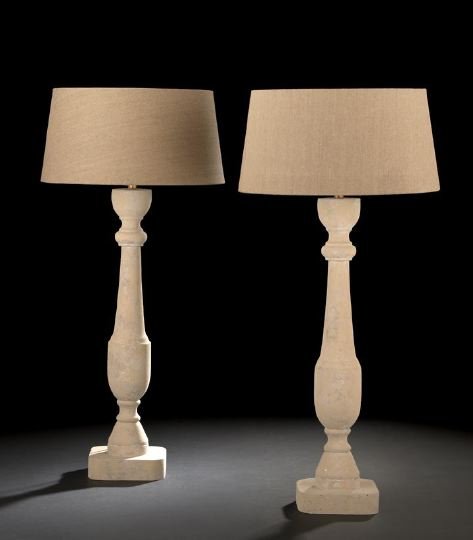 Pair of French Faux-Stone-Finished Table Lamps: Pair of French Turned and Faux-Stone-Finished Wooden Table Lamps, in the neoclassical style, each fitted with a custom taupe linen shade of drum form, h. 30".
