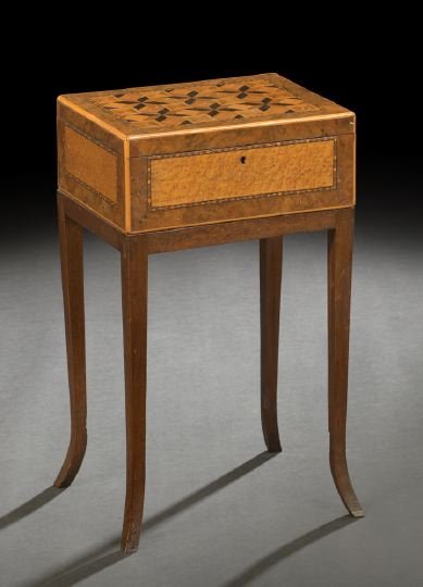 Good English "Tunbridge" Marquetry Desk Box: Good English "Tunbridge" Marquetry Desk Box, second quarter 19th century, constructed of elm burl, bird's-eye maple, ebonized fruitwood, satinwood and holly wood, now mounted as a chairside table on a