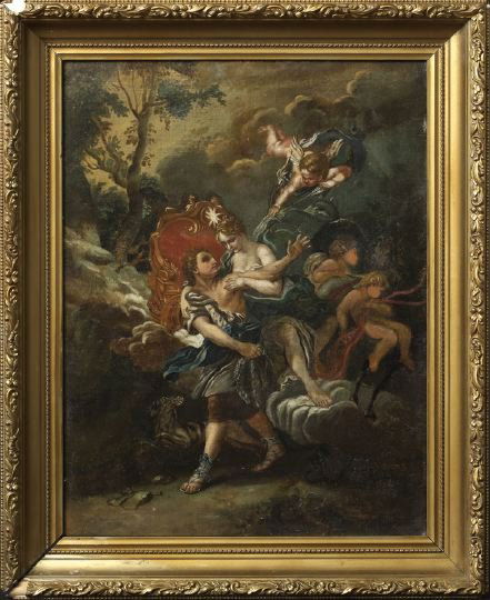Follower of Francois Boucher (French, 1703-1770): Follower of Francois Boucher (French, 1703-1770) "Mars and Venus Pursued by Eros", oil on canvas, fourth quarter 18th century and later, 25" x 19". Presented in a carved giltwood and plaster frame in