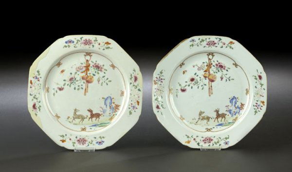 Pair of Chinese Export Porcelain Octagonal Plates: Pair of Chinese Export Porcelain Octagonal Plates, 18th century, each decorated in famille rose enamels with a central scene of two deer beneath a hanging double gourd with floral sprays, dia. 9".