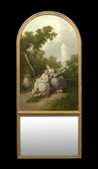 Good French Carved Giltwood Trumeau Mirror: Good French Carved Giltwood Trumeau Mirror, with an 18th century in a later frame, of tall narrow form in the Louis XVI taste, the arched upper portion with an oil of a guitar-playing mother and her d