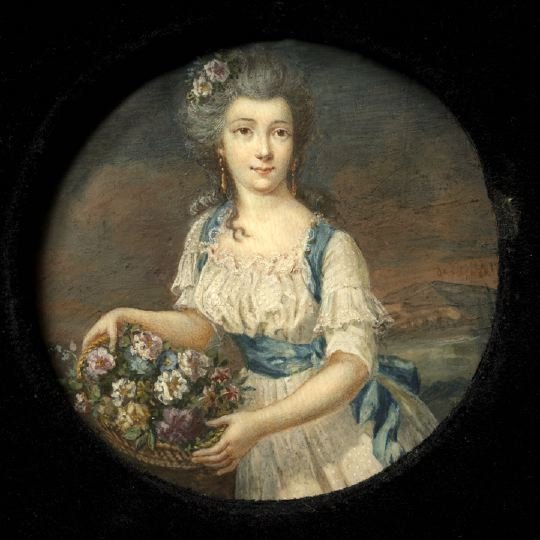 Jean-Jacques-T. de Lusse (French, ca. 1768-1841): Jean-Jacques-Thereza de Lusse (French, ca. 1768-1841) "Flora", fourth quarter 18th century, a fine and rare circular portrait miniature of an aristocratic woman clad as Flora and holding a basket of f