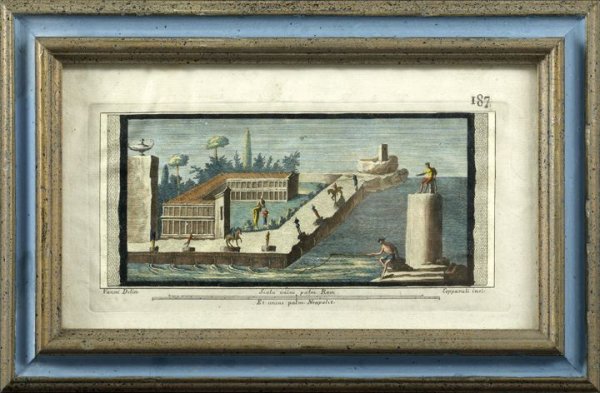 Nicolo Vanni and Francesco Cepparuli: Nicolo Vanni (Italian, ca. 1725-1800) and Francesco Cepparuli (Italian, ca. 1720-1795)"Pompeiian Mural with a Seaside Villa", hand-colored engraving, third quarter 18th century, sight 5-3/4", x 10-1/4