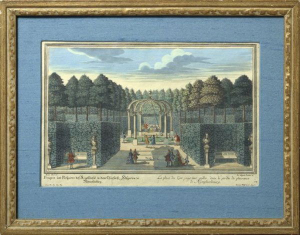 Continental School (18th Century): Continental School (18th Century) "View of the Gardens, Nymphenburg Palace, Bavaria, Germany", hand-colored engraving, engraved by August Corvinus, sight 9-1/4" x 14". Glazed, handsomely matted and fr
