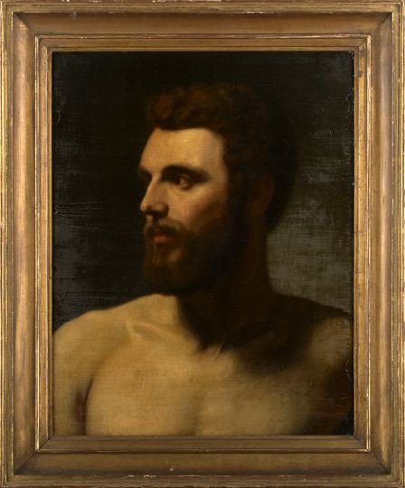Continental School (Fourth Quarter 19th Century): Continental School (Fourth Quarter 19th Century) "Bust Portrait of a Bearded Man", oil on panel, unsigned, with remnants of an old exhibition entry label en verso, 23" x 18". Presented in a period car