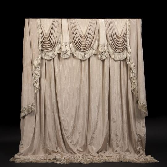 Three-Piece Cream & Beige Moire Taffeta Ensemble: Three-Piece Cream and Beige Moire Taffeta Ensemble, consisting of a valence, w. 52" with 71" drop, including 5" fringe, another valence, w. 75" with 71" drop, including 5" fringe, both with beautiful 