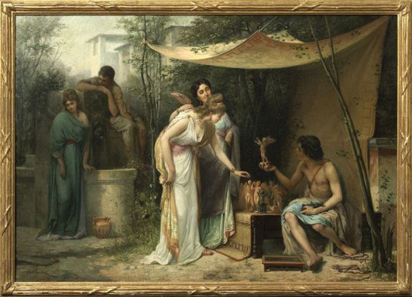 F. Charlen (Charlez?) (French, fl. ca. 1847-1922): F. Charlen (Charlez?) (French, fl. ca. 1847-1922) "The Seller of Love Tokens", oil on canvas, depicting a young Roman seller of Eros figures showing them to a gentlewoman and her attendant, 1873, sign