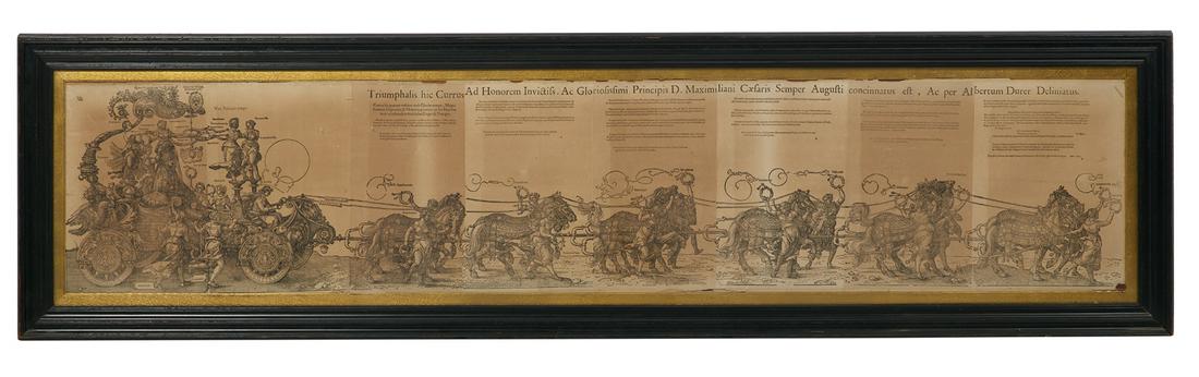 After Albrecht Durer (German, 1471-1528): After Albrecht Durer (German, 1471-1528) "The Triumphal Procession of the Emperor Maximilian, 1522" after the 1609 Guldenmund woodblock copy all eight sections laid down on paper and presented togethe