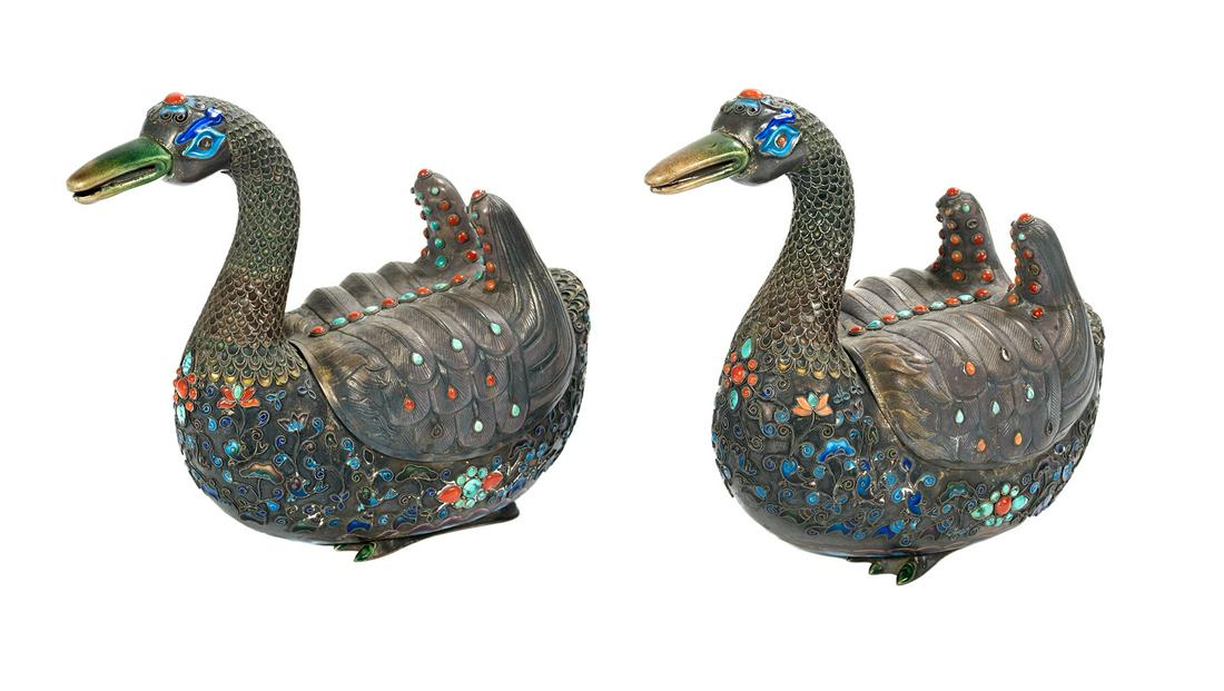 Pair of Chinese Export Silver Filigree Ducks (1 of 2)