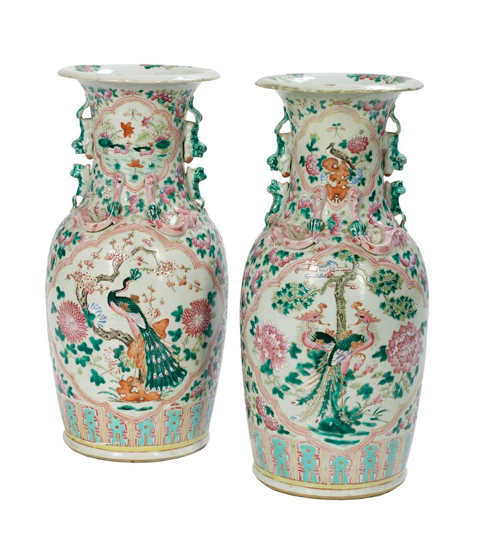Pair of Famille Rose Porcelain Baluster Vases (1 of 3)