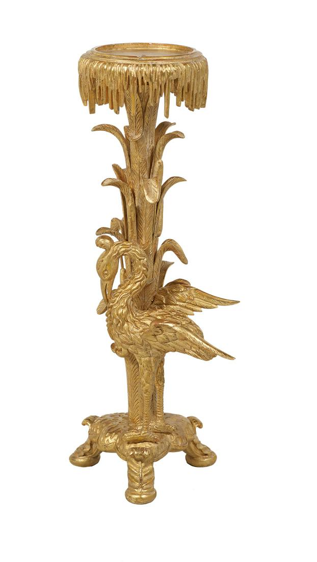 Giltwood Stand in the Rococo Taste: Giltwood Stand in the Rococo Taste 20th century, the tripodal base supporting a standard modeled with a swan and cattails, the circular top carved with stalactites. h. 33-3/4", w. 18-1/4", d. 11"
