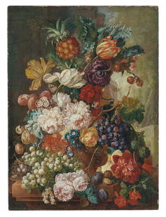 Follower of Jan van Os (Dutch, 1744-1808): Follower of Jan van Os (Dutch, 1744-1808) "Still Life of Flowers, Grapes, Plums, Pineapple, Nuts, Bird's Nest and Insects", ca. 1800 oil on canvas unsigned. Unframed. 26-1/2" x 19-1/2"