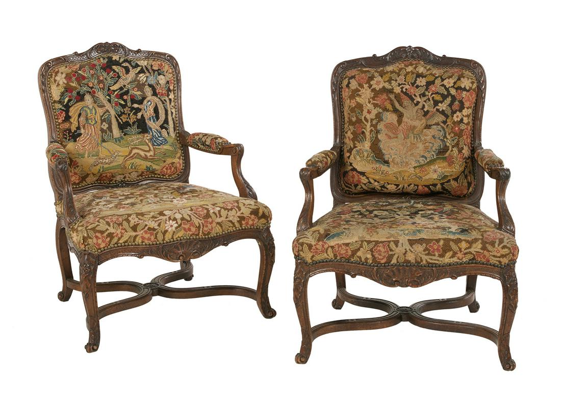 Pair of Louis XV-Style Fruitwood Fauteuils: Pair of Louis XV-Style Fruitwood Fauteuils 19th century, each with a shaped and padded back surmounted by a foliate crest, joined by padded arms to the like seat, above a foliate shell crest, raised o