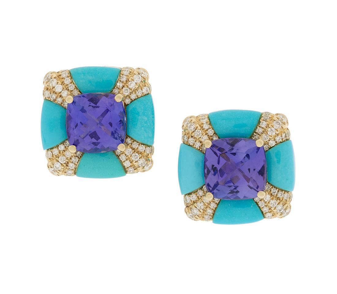 Pair of Tanzanite, Turquoise and Diamond Earrings (1 of 1)