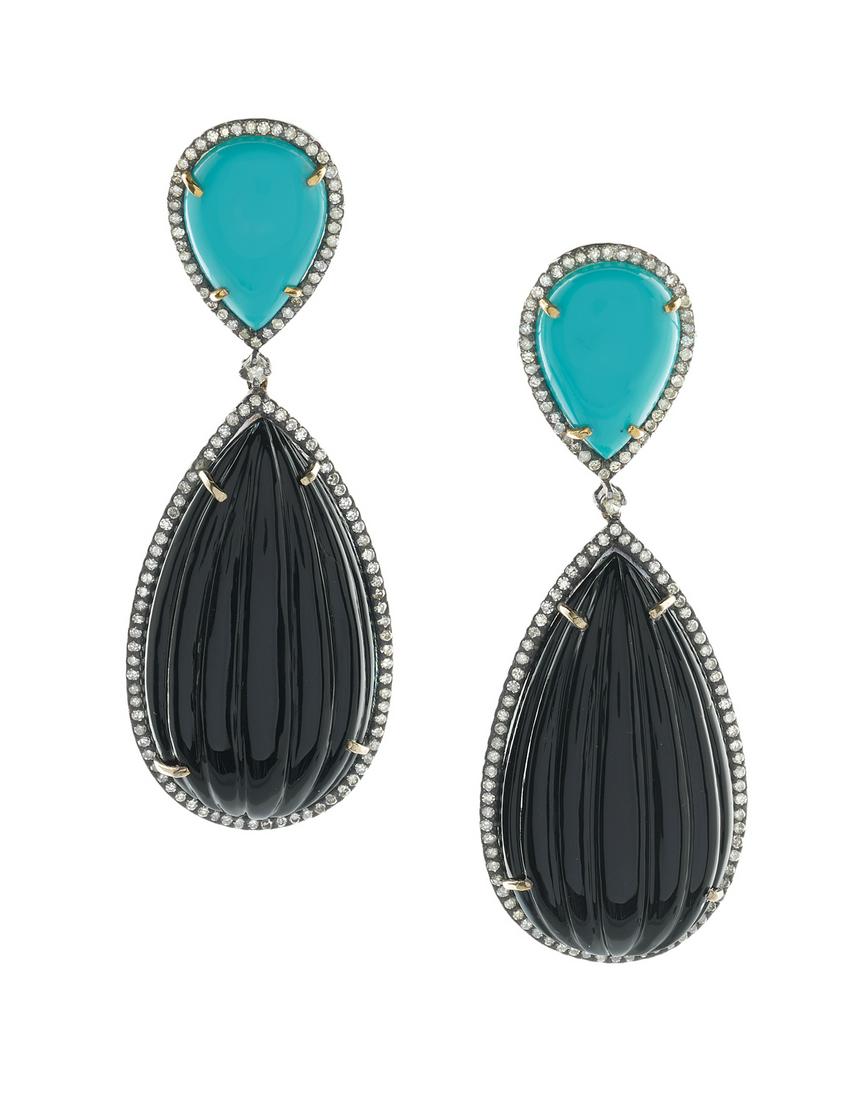 Pair of Turquoise, Onyx and Diamond Earrings (1 of 1)