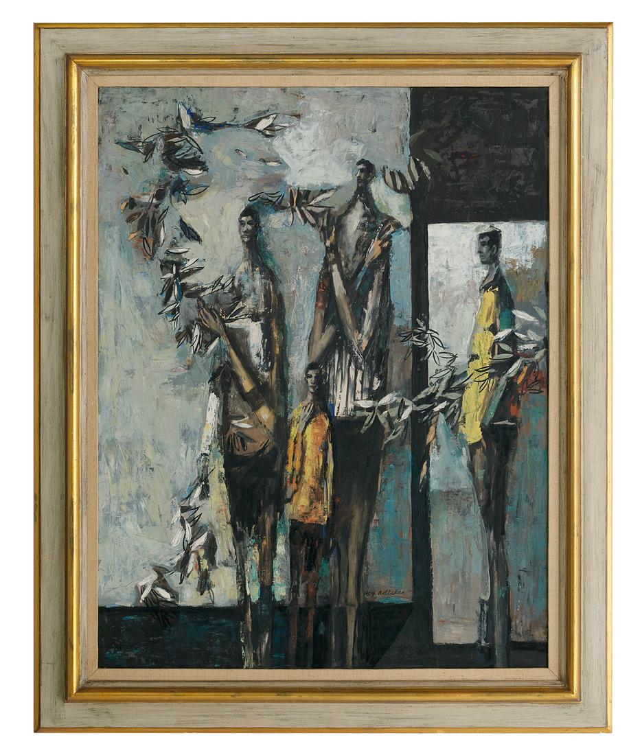 David Adickes (American/Texas, b. 1927): David Adickes (American/Texas, b. 1927) "Untitled, Surrealist Figural Group", 1957 oil on canvas over masonite signed and dated lower center. Framed. 40" x 36", framed 44" x 40"