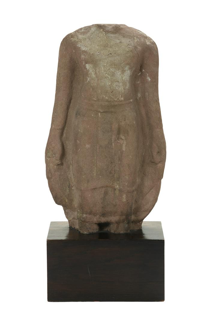 Carved Sandstone Torso of Buddha: Carved Sandstone Torso of Buddha Thailand or Cambodia, probably Ayutthaya (15-17th century) or Khmer (12-13th century), stele with standing figure carved in high relief with fisted mudras, stylized li
