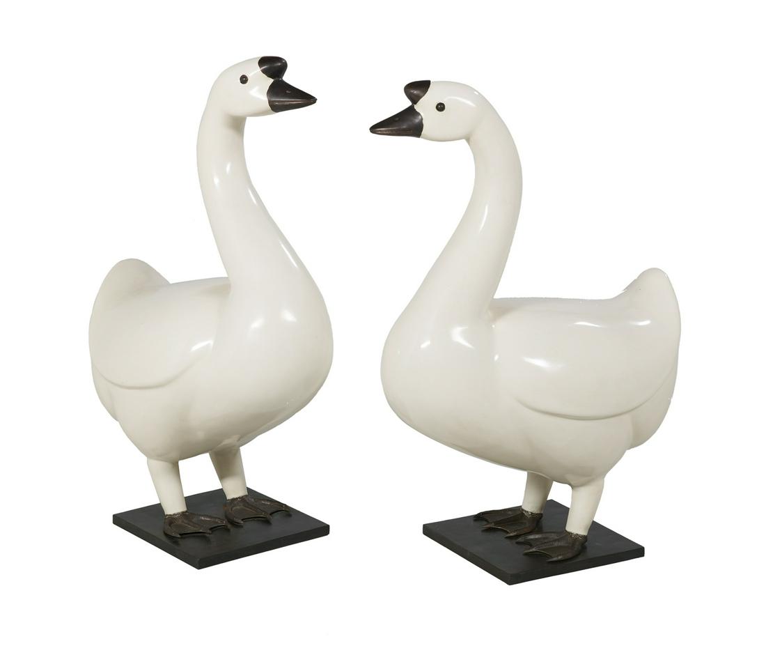 Pair of Robert Kuo Cream Lacquer Geese (1 of 1)