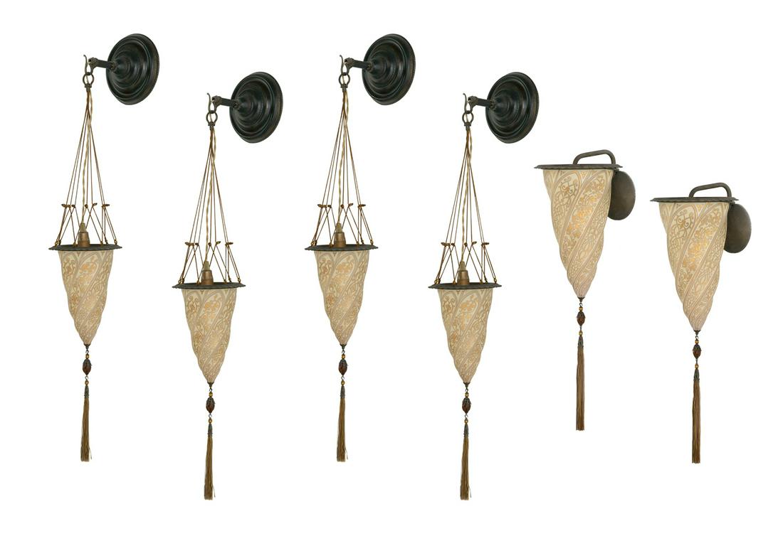 Six Fortuny Gilt-Glass and Bronzed Metal Sconces: Collection of Six Fortuny Gilt-Glass and Bronzed Metal Sconces 20th century, Italian, including four Cesendello sconces, the inverted gilt rope-twist shades suspended from beaded netting, h. 28-1/2", 
