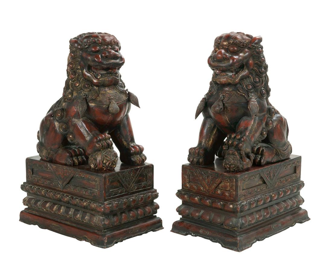 Pair of Carved and Painted Foo Dogs on Stands (1 of 2)