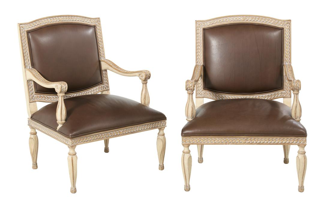 Pair of Kreiss Collection Armchairs: Pair of Kreiss Collection Armchairs in the Louis XVI Taste each polychromed fauteuil with open arms terminating in scrolls on baluster-form supports, the front legs similarly modeled, the frame adorne
