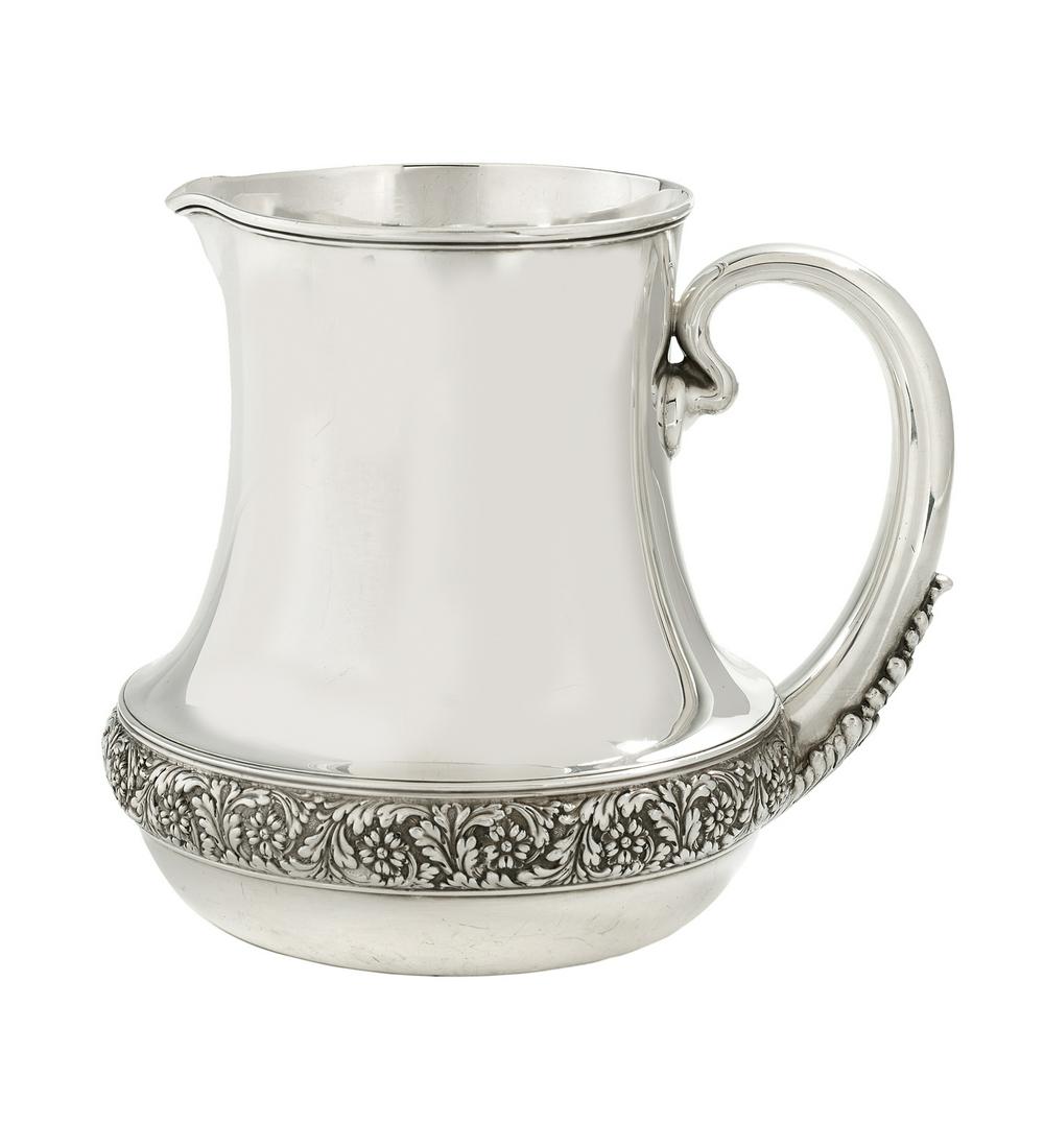 Tiffany & Co. Sterling Silver Water Pitcher: Tiffany & Co. Sterling Silver Water Pitcher the pattern introduced in 1883, New York, New York, this example 1891-1902, the cylindrical body flaring broadly at the base and decorated with a wide mille