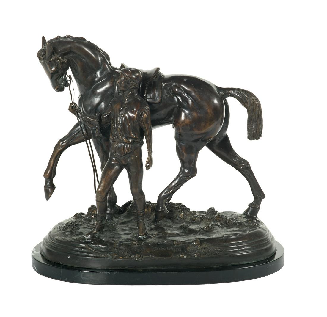 Patinated Bronze of a Jockey Leading a Horse: Patinated Bronze Sculpture of a Jockey Leading a Horse 20th century, after Sir Edgar Bertram Mackennal (Australian, 1863-1931), marked "Edgar Bertram 1872" on the marble plinth. h. 18-1/4", w. 17-1/4"