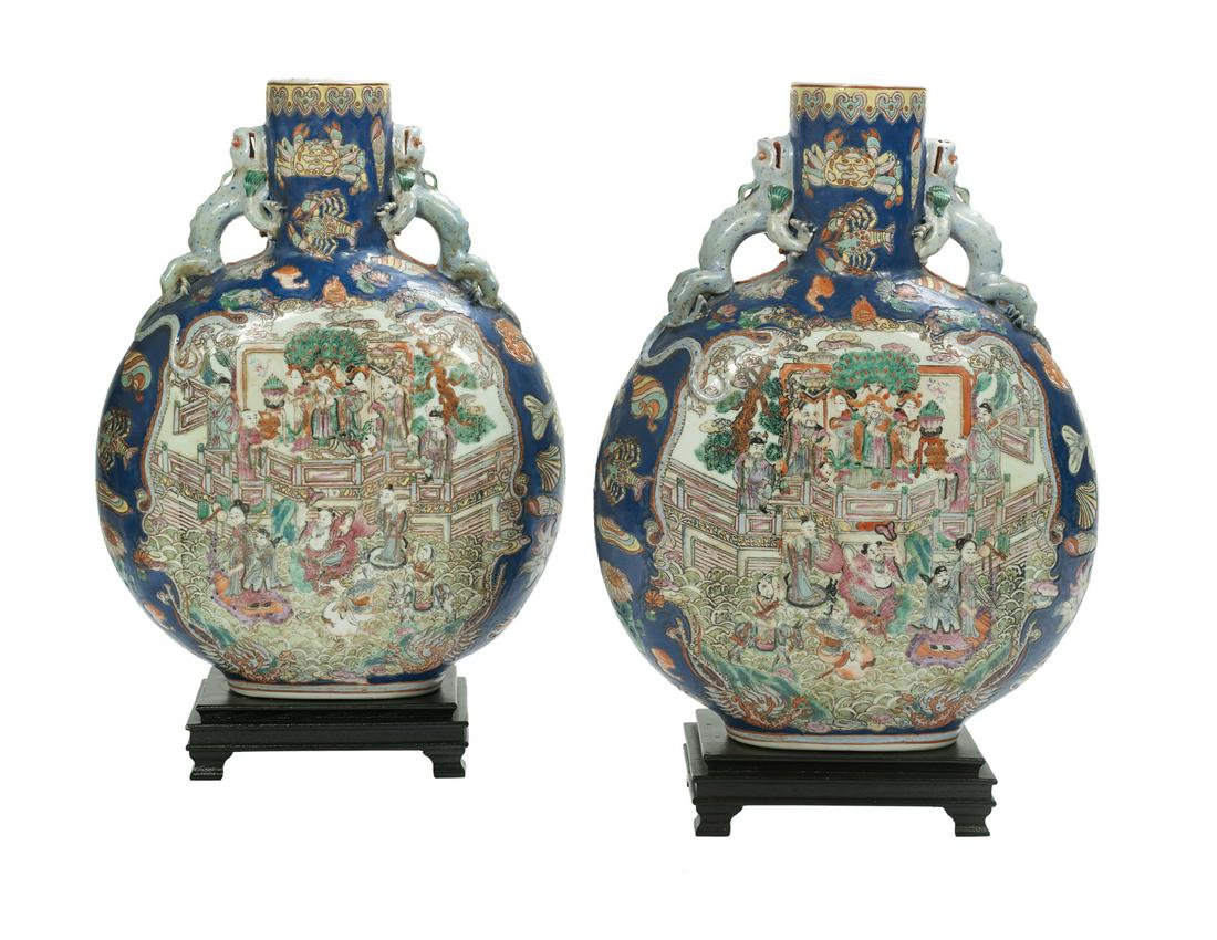 Pair of Large Chinese Moon Flasks on Stands: Pair of Large Chinese Moon Flasks on Stands 20th century, decorated with Mandarin scenes against a mazarine blue ground, scattered with images of fish, crabs, lobsters, seahorses, shrimp and shells, t