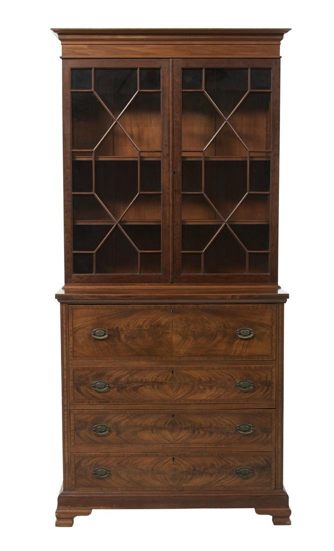 New Orleans Bench-Made Secretary Bookcase: New Orleans Bench-Made Mahogany Secretary Bookcase in the George III/Federal taste, with the engraved signature "New Orleans..Summer 1941. Home Cabinet Shop. Frank G. Frost", the finely crafted piece 