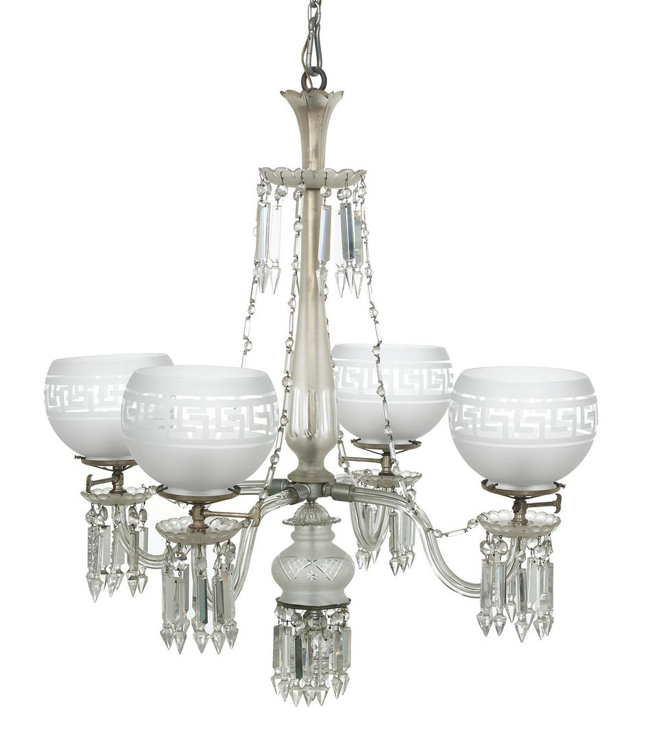 Franco-Bohemian Crystal Gasolier: Franco-Bohemian Crystal Gasolier third quarter 19th century, the four-light gasolier with a vasiform frosted and cut glass-clad standard hung with cut crystal swags, the frosted and cut scalloped pris