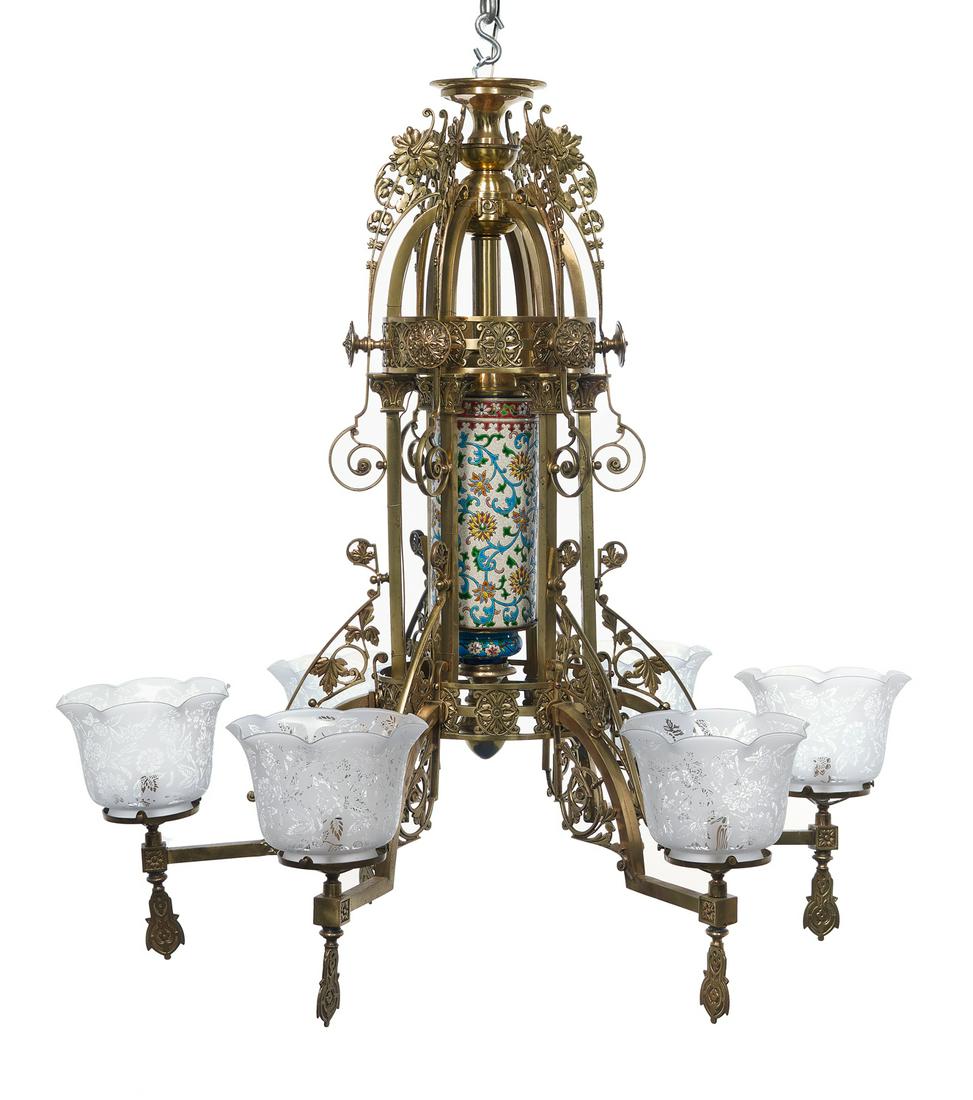Franco-American Gilt-Bronze and Faience Gasolier (1 of 1)