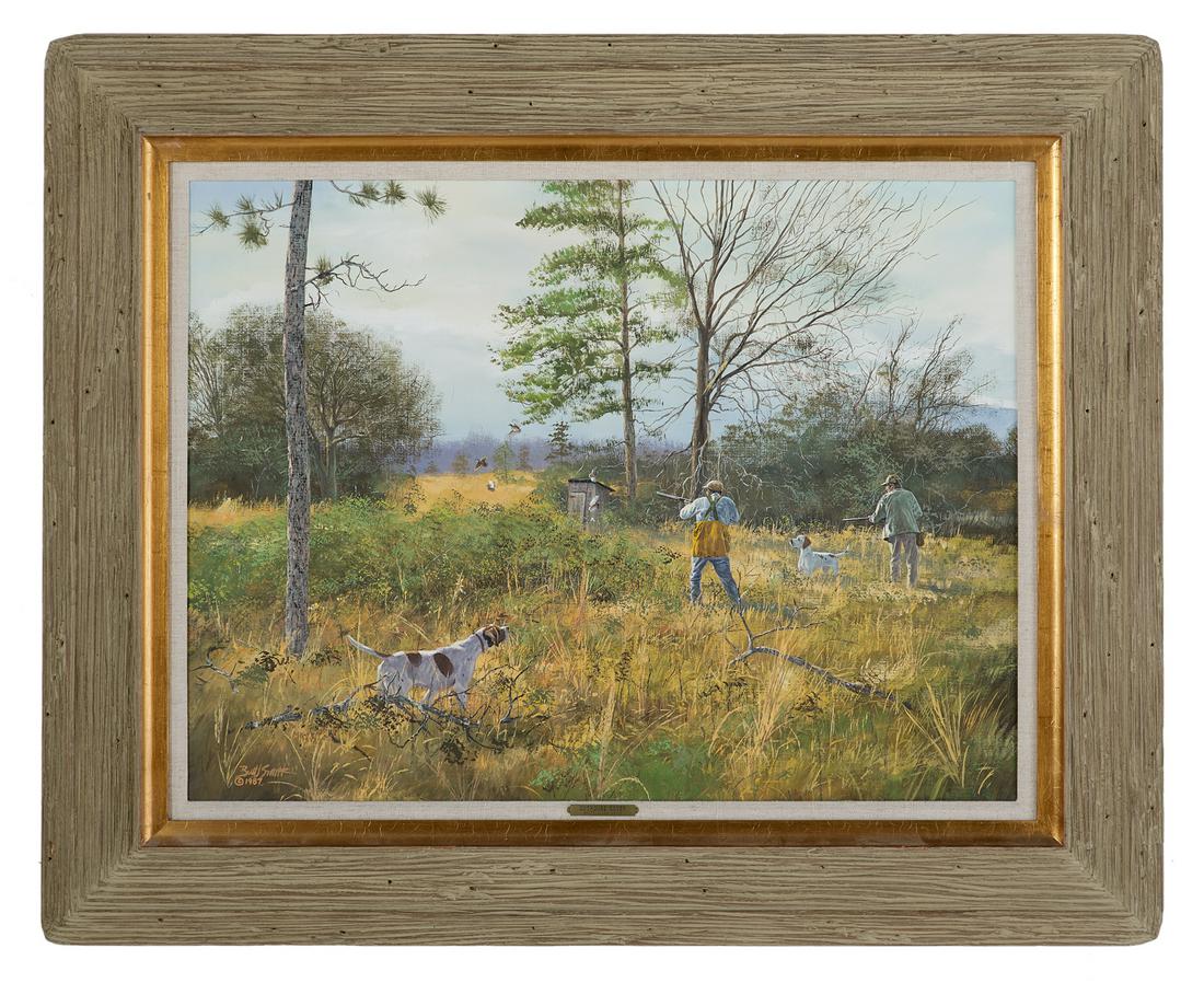 Brett James Smith (American/Louisiana, b. 1958): Brett James Smith (American/Louisiana, b. 1958) "Outhouse Covey", 1987 oil on masonite signed and dated lower left, titled on brass artist plaque on front. Framed. 22" x 28-3/4", framed 32" x 39"