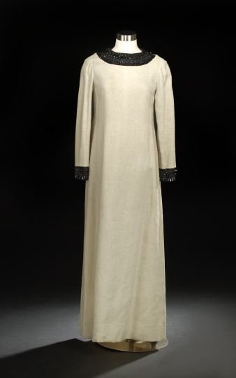 Dior Dress and Three Pieces Chloe Clothes: Dior Dress and Three-Piece Group of Chloe Cocktail Clothes, the Christian Dior, a natural linen tunic dress with side-pleated surplus style, the zipper in the center back, trimmed with black glass bea