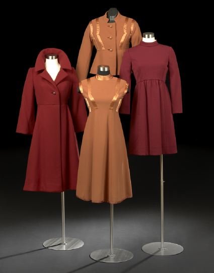 Four Pieces of 1960's New York Designer Clothing: Four-Piece Collection of 1960's New York Designer Clothing, consisting of a "Ronald Amey" russet wool jacket and dress, the sleeveless sheath dress trimmed with copper satin with one-inch bands from s