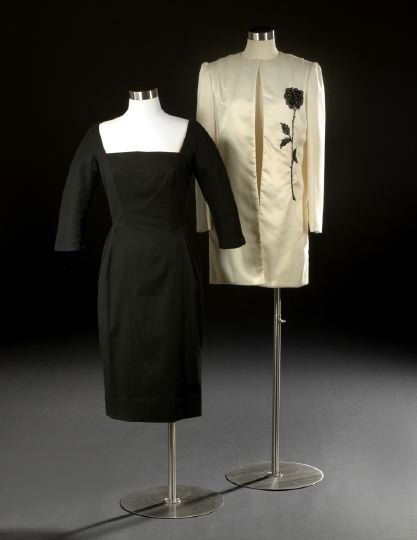 Two-Piece Group of Estevez-Designed Clothing: Two-Piece Group of Estevez-Designed Clothing, comprised of a black wool classic 1960's day to evening dress with square neck, dolman-type sleeves with gussets and inset panel from the neckline to the