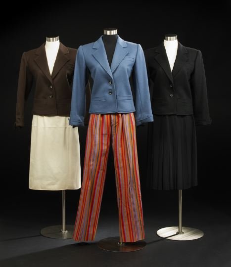 Eight Pieces of Yves St. Laurent Daytime Clothes: Eight-Piece Collection of Yves St. Laurent Daytime Clothes, consisting of a pair of red, gold, blue and purple striped linen pants with a self-cord belt, three-button closure in the front with a zippe