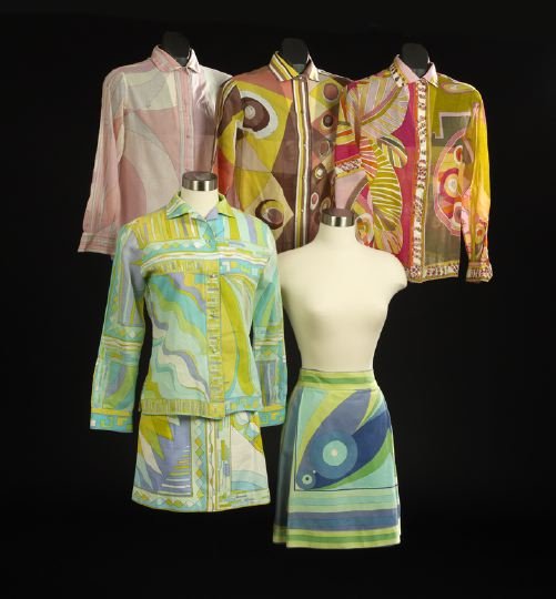 Six-Piece Group of Pucci Clothing: Six-Piece Group of Pucci Clothing, consisting of a blue, green and purple cotton wrap skirt, size 8, length from waistband 19-1/2", "Emilio Pucci Florence Italy" label, good condition; a pink, chartre
