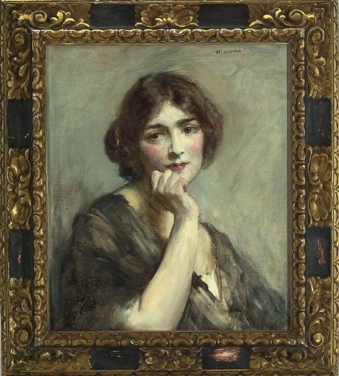 Continental School (First Quarter 20th Century): Continental School (First Quarter 20th Century) "Portrait of Miranda", oil on canvas, titled upper right, indistinctly signed and inscribed lower left, dated "1915" lower left, frame bears "Chas. D. S