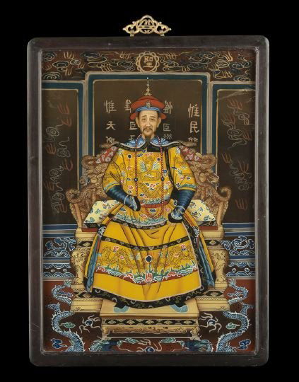 Chinese Reverse Painting on Glass: Chinese Reverse Painting on Glass, 20th century, depicting the Emperor Kangxi clad in imperial yellow robes and seated on a carved and lacquered dragon throne before a memorial screen, with a lacquere
