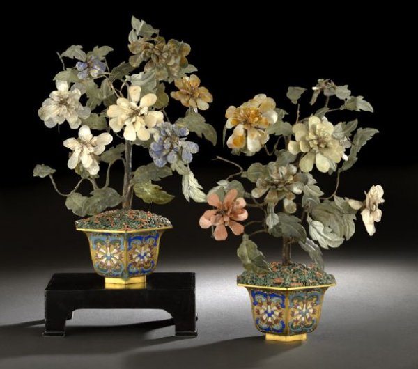 Pair of Chinese Mineral Trees in Champleve Pots: Pair of Chinese Mineral Trees in Champleve Pots, first half 20th century and earlier, each tree with jade leaves and flowers of lapis lazuli, quartz, chalcedony and agate, in hexagonal pots decorated