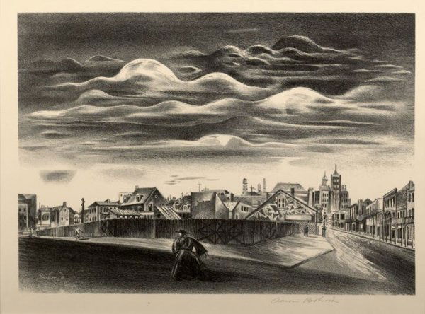 Aaron Bohrod (American, 1907-1992): Aaron Bohrod (American, 1907-1992) "New Orleans Vista", ca. 1949, black and white lithograph, edition of 250, signed in pencil lower right "Aaron Bohrod", image 9-5/8" x 13-1/2", retains "Stone & Pres
