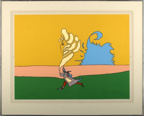 Peter Max (American, b. 1937): Peter Max (American, b. 1937) "Running with Image of His Mother", 1971, serigraph in colors, signed and dated lower right "Peter Max 71", numbered "68/100" lower left. Glazed, matted and framed.