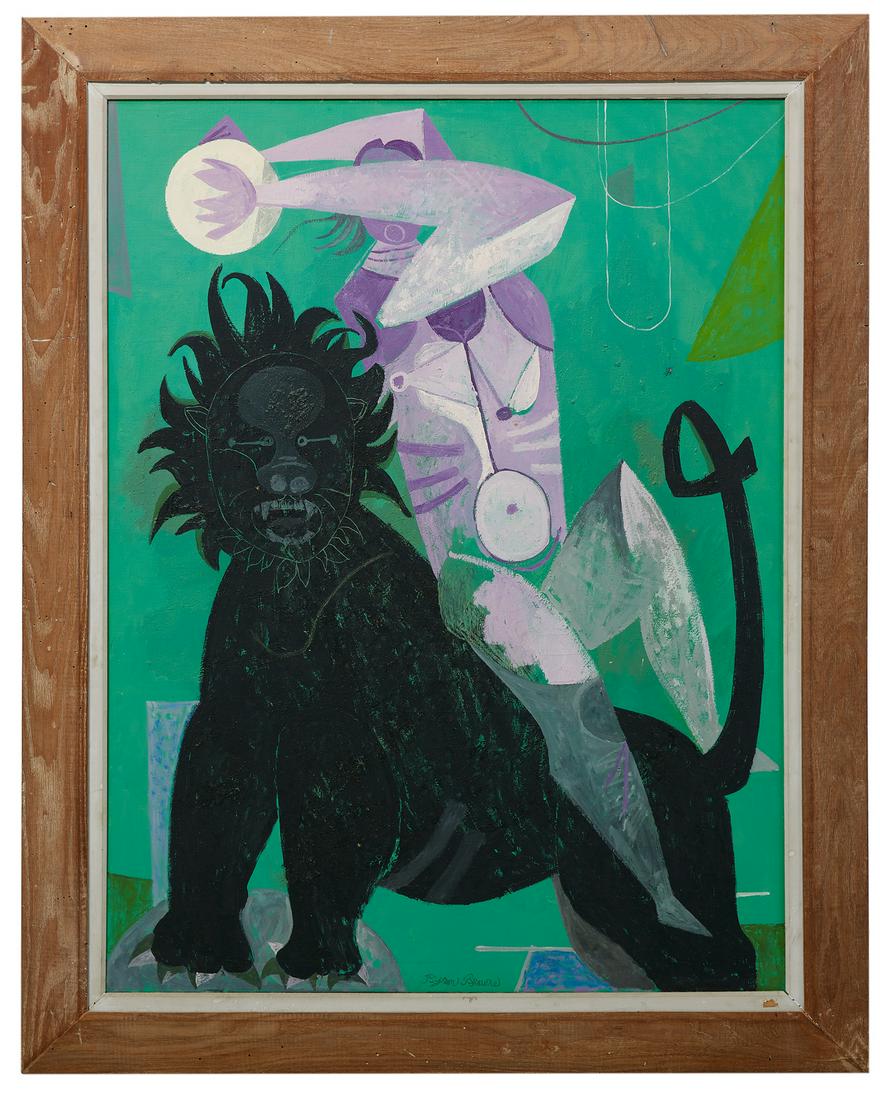 Byron Browne (American/New York, 1907-1961): Byron (George Byron) Browne (American/New York, 1907-1961) "Black Lion", 1947 oil on canvas signed lower center, signed, dated and titled en verso, and on "Art Institute of Chicago" exhibition label.